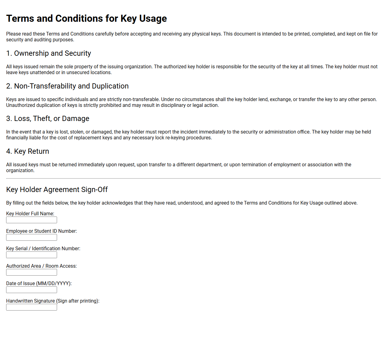 Terms and Conditions for Key Usage