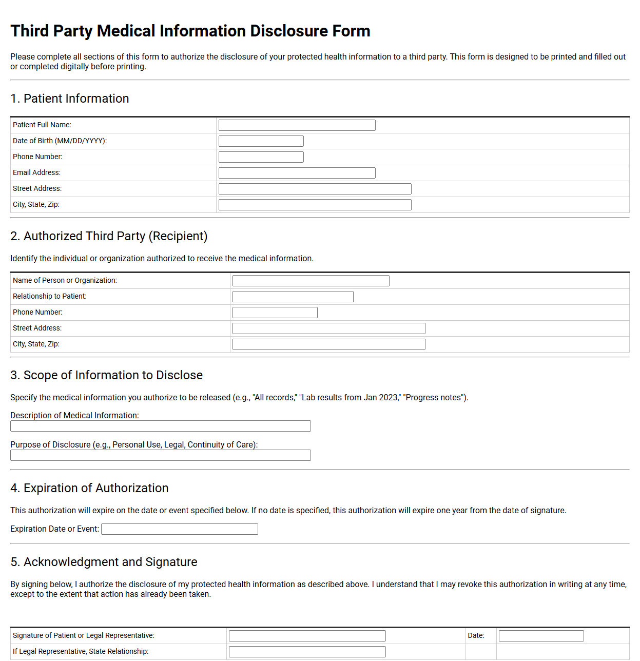 Third Party Medical Information Disclosure Form