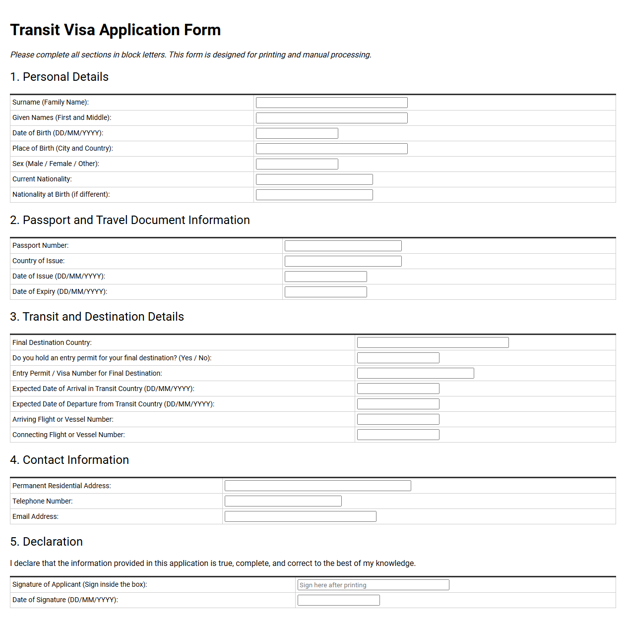 Transit Visa Application Form