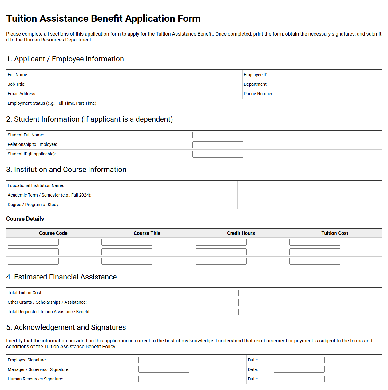Tuition Assistance Benefit Application Form