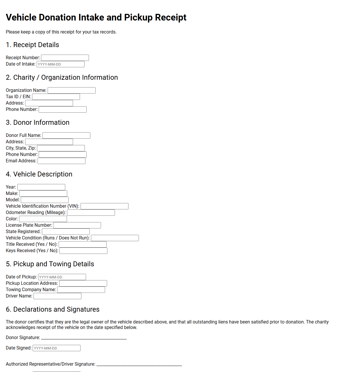 Vehicle Donation Intake and Pickup Receipt