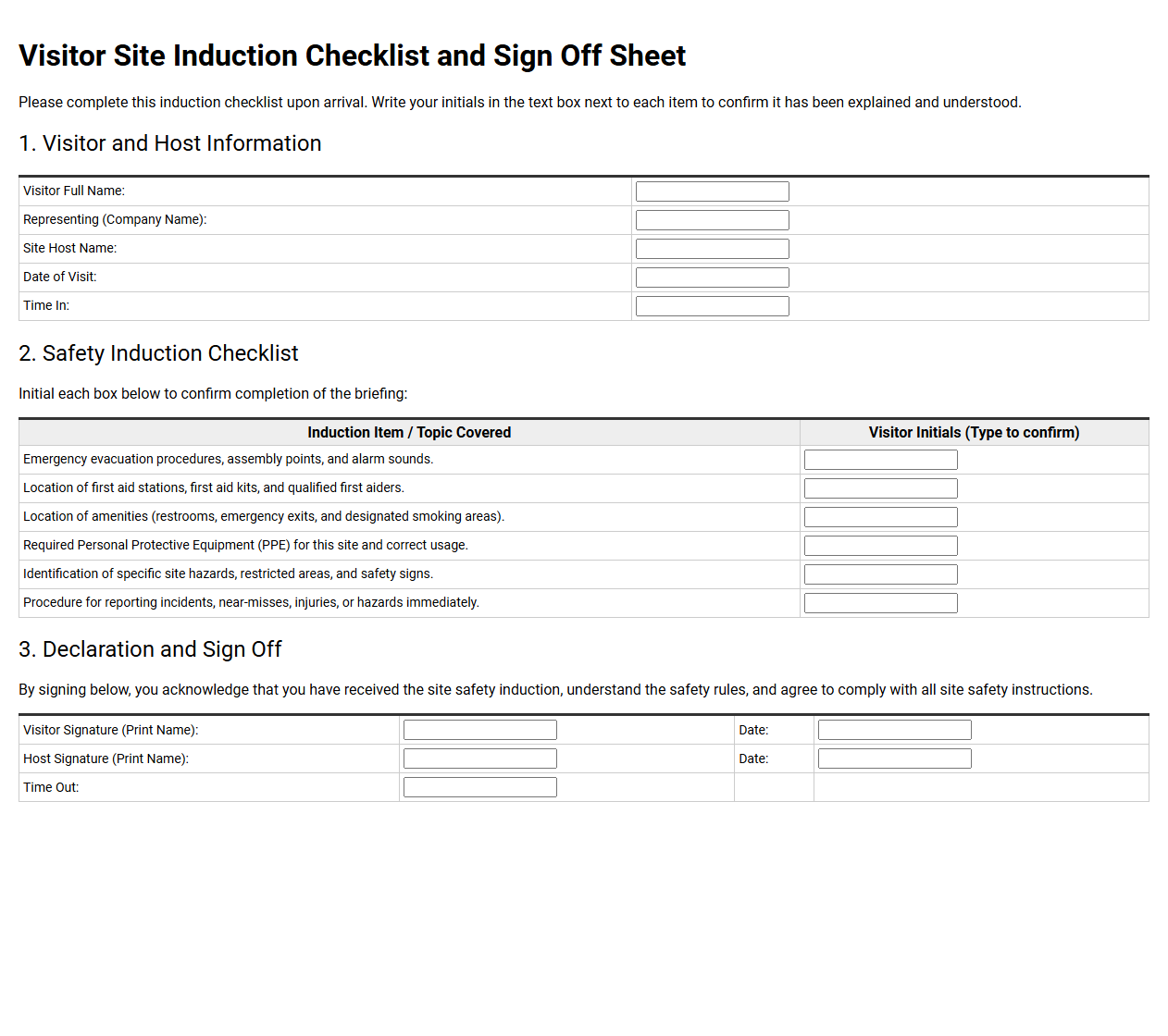 Visitor Site Induction Checklist and Sign Off Sheet