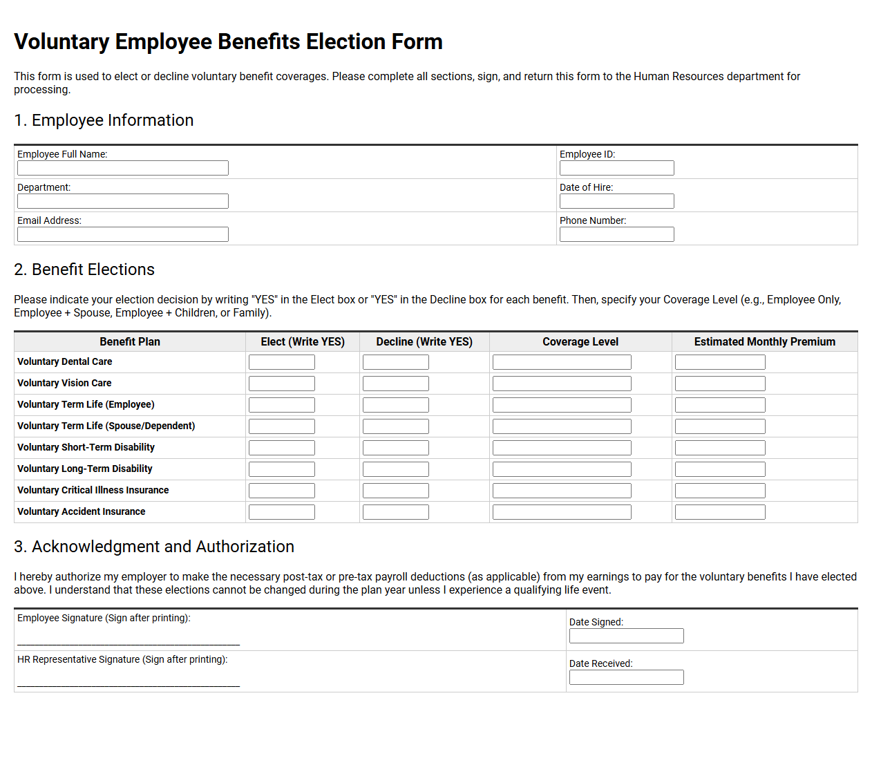 Voluntary Employee Benefits Election Template