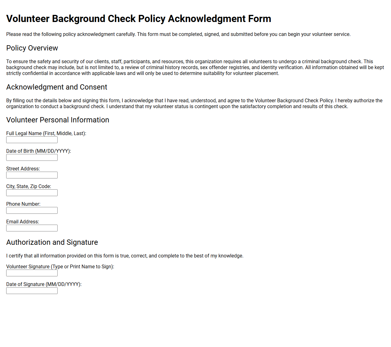 Volunteer Background Check Policy Acknowledgment Form