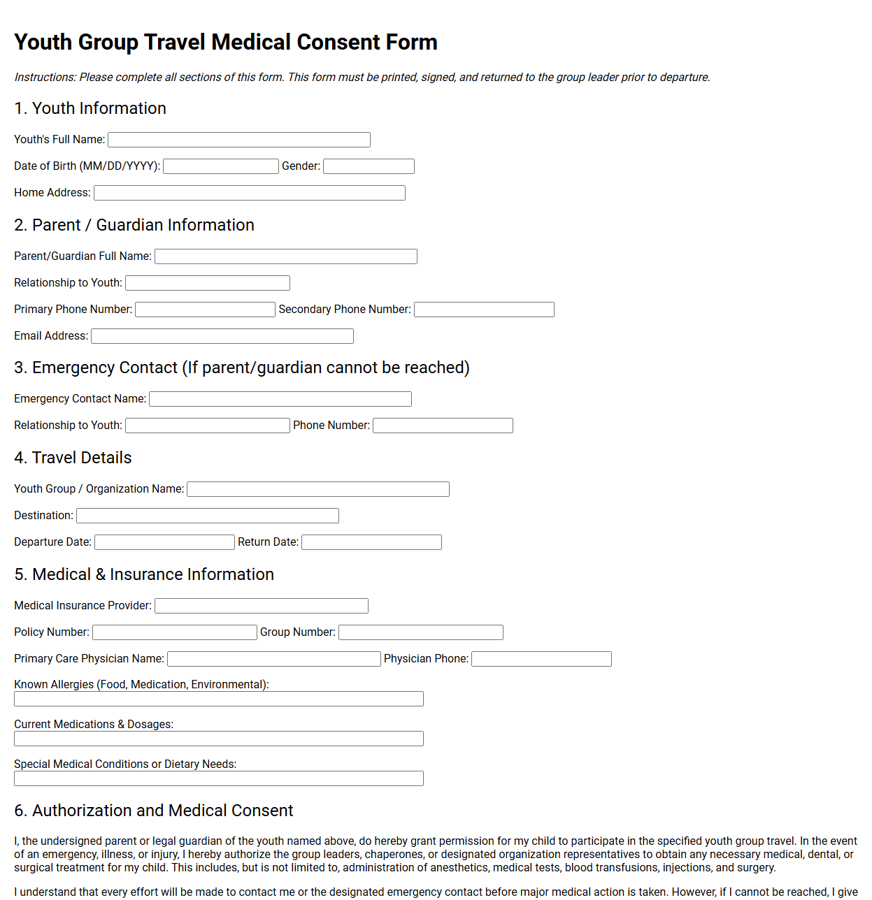 Youth Group Travel Medical Consent Form