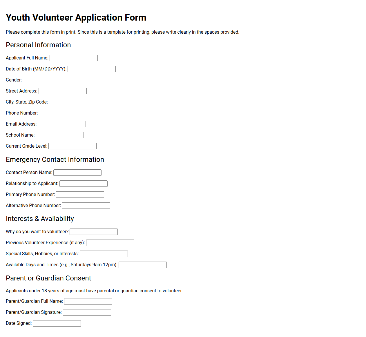 Youth Volunteer Application Form Template