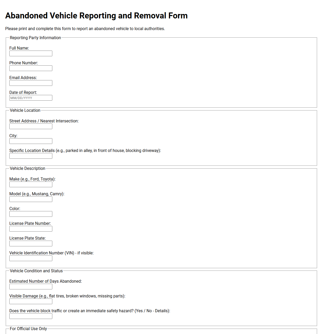 Abandoned Vehicle Reporting and Removal Form