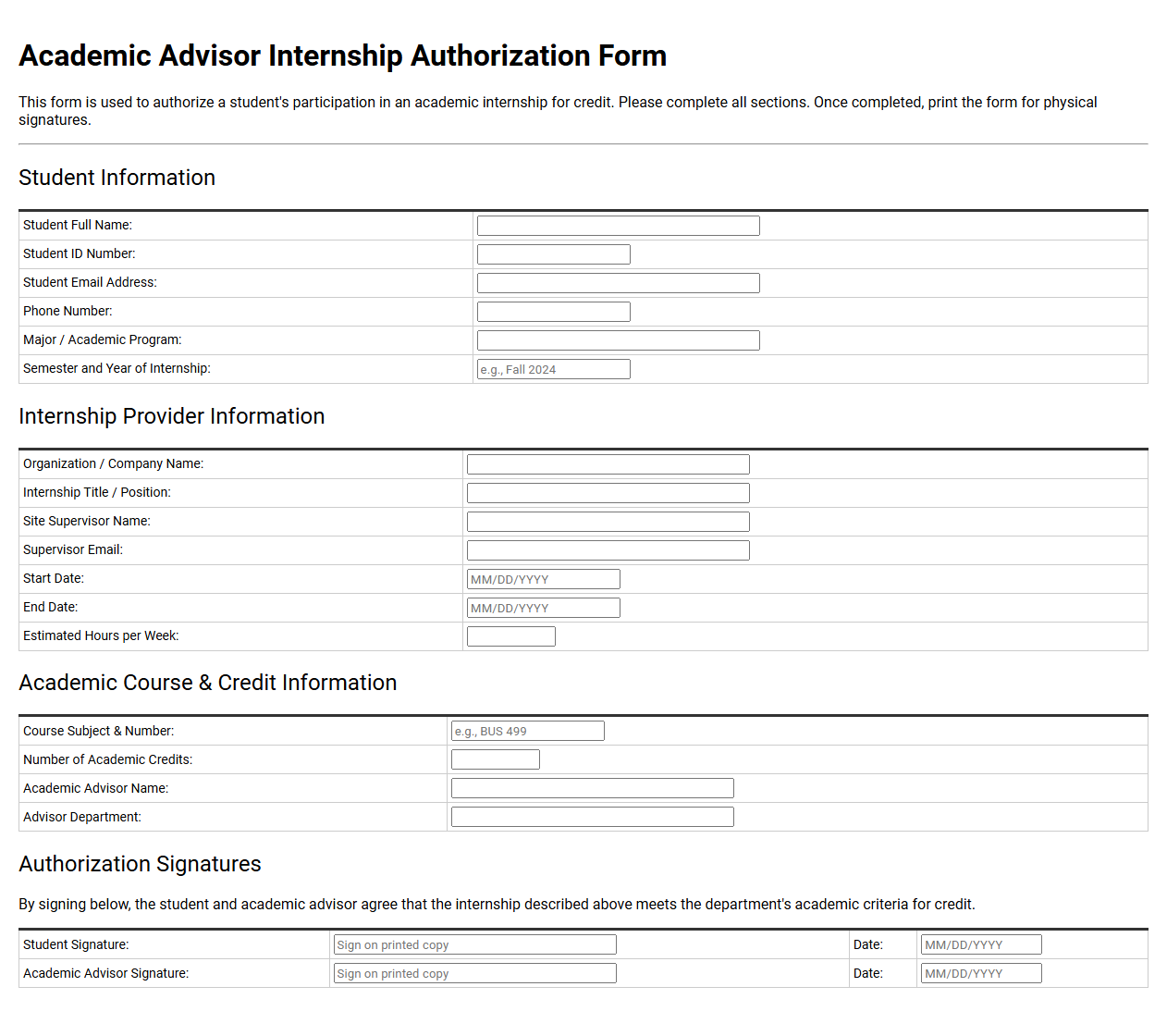 Academic Advisor Internship Authorization Form