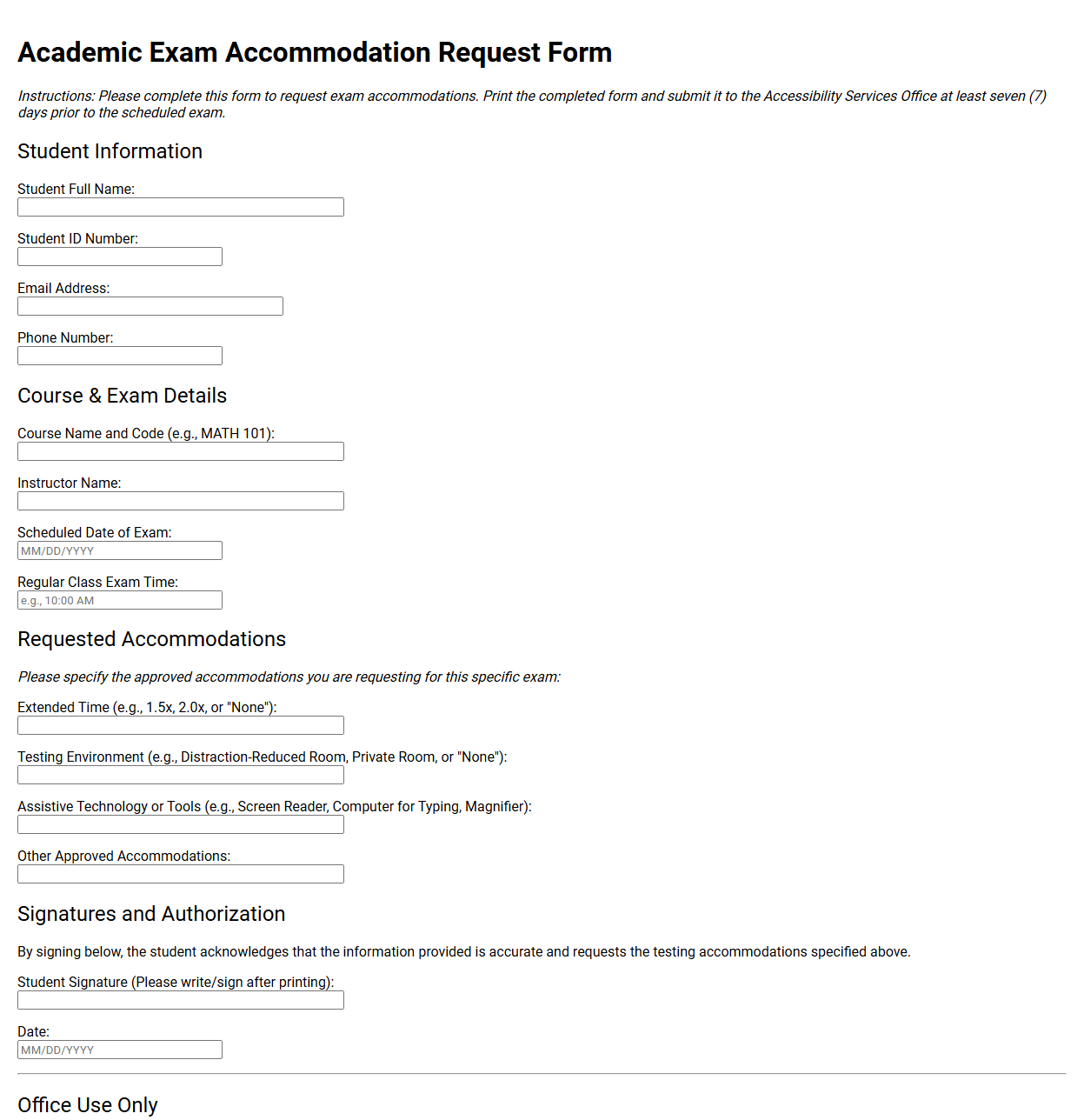 Academic Exam Accommodation Request Form