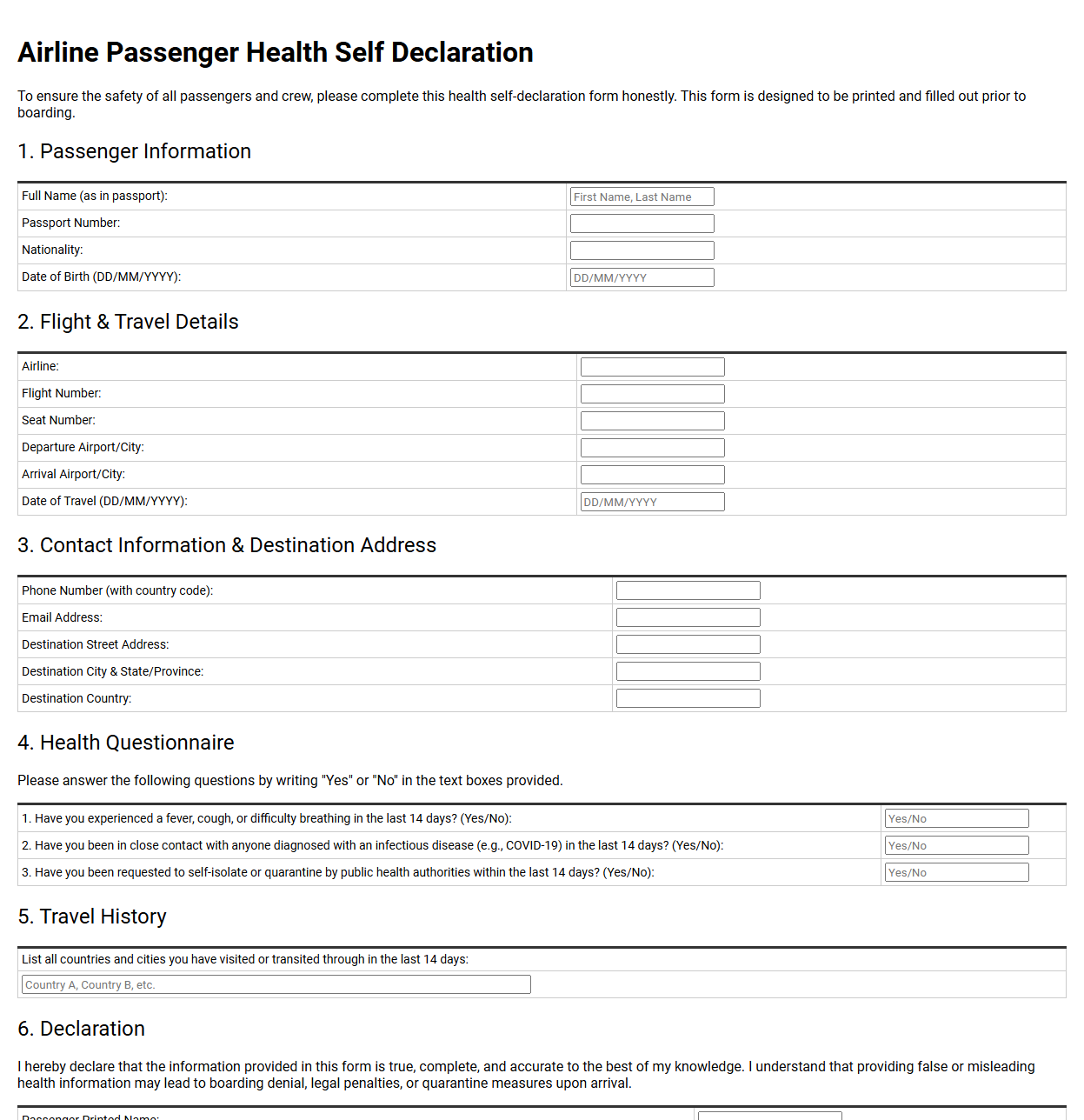 Airline Passenger Health Self Declaration Template