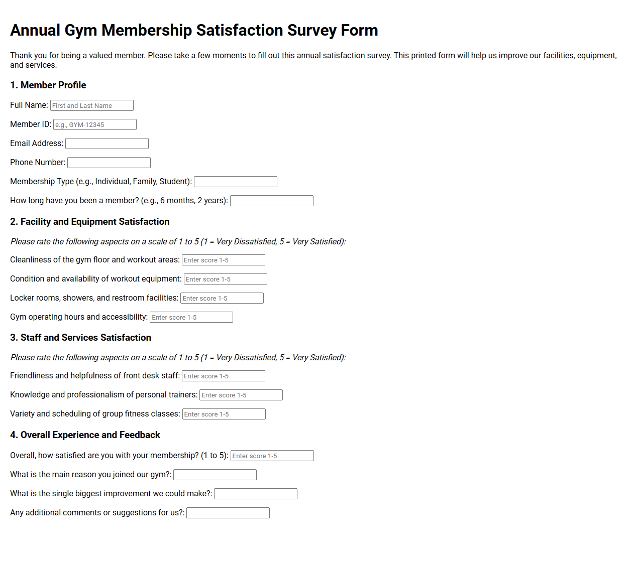 Annual Gym Membership Satisfaction Survey Form