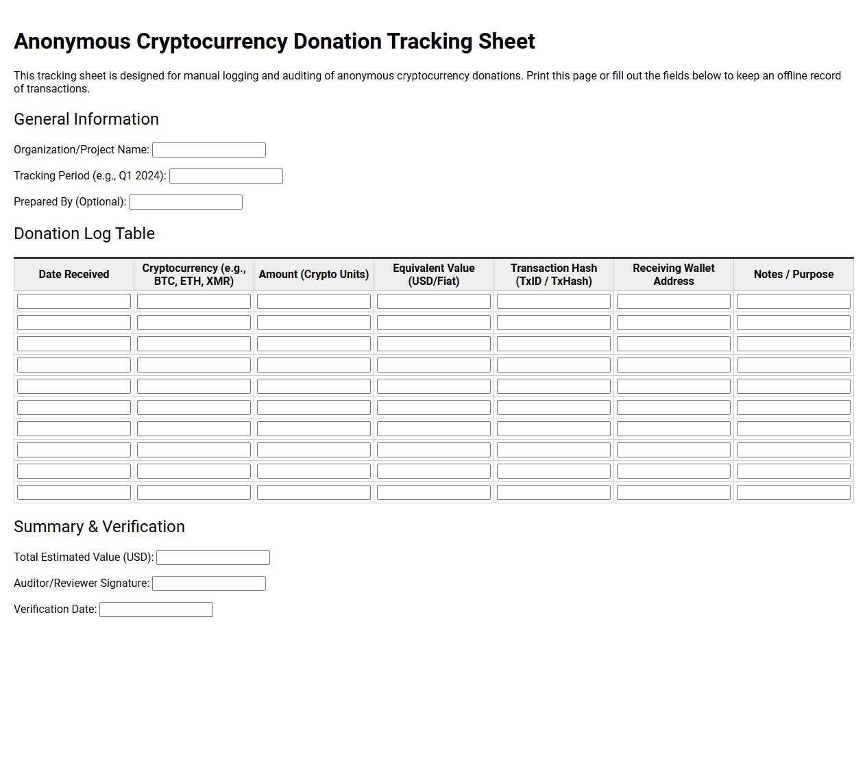 Anonymous Cryptocurrency Donation Tracking Sheet