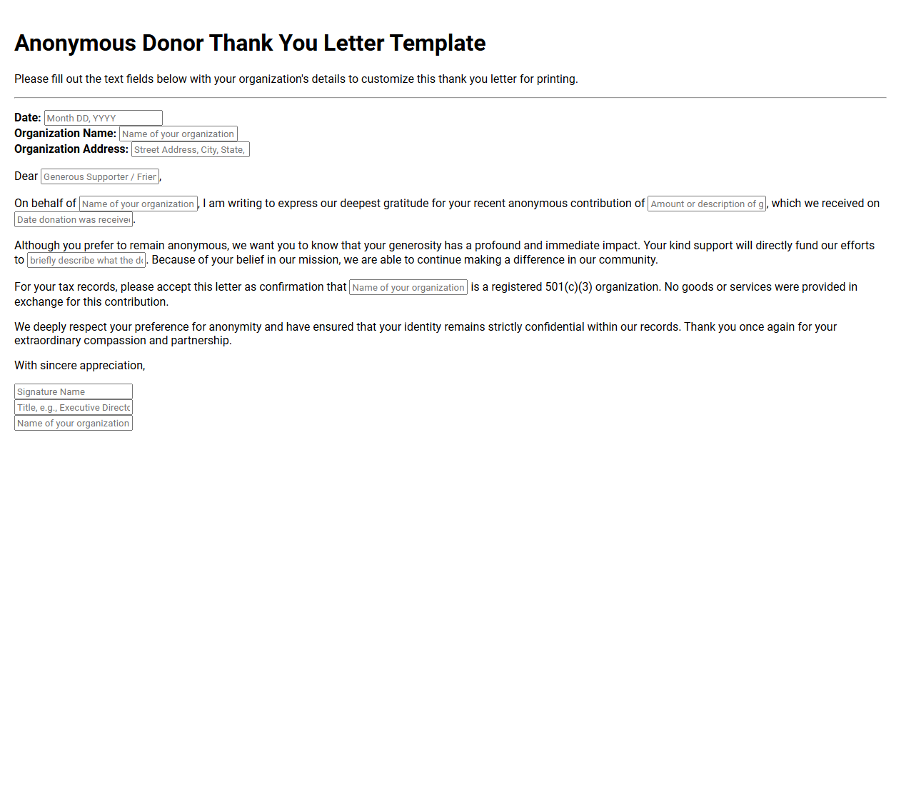 Anonymous Donor Thank You Letter Template