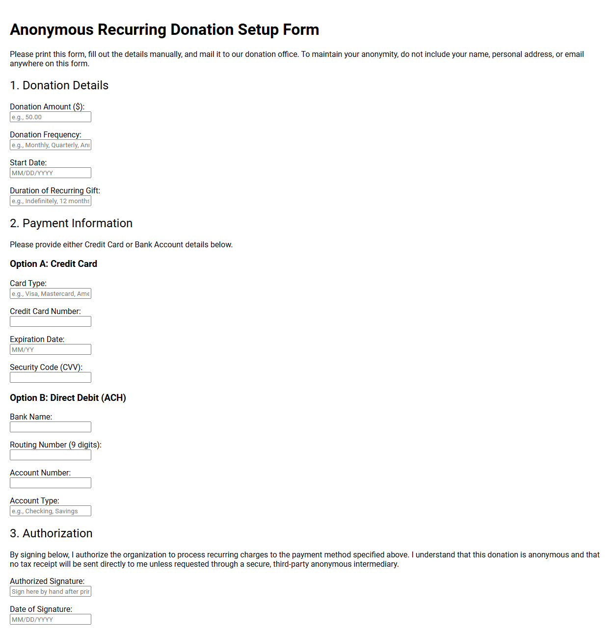 Anonymous Recurring Donation Setup Form