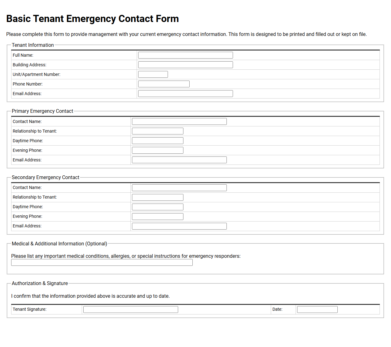 Basic Tenant Emergency Contact Form