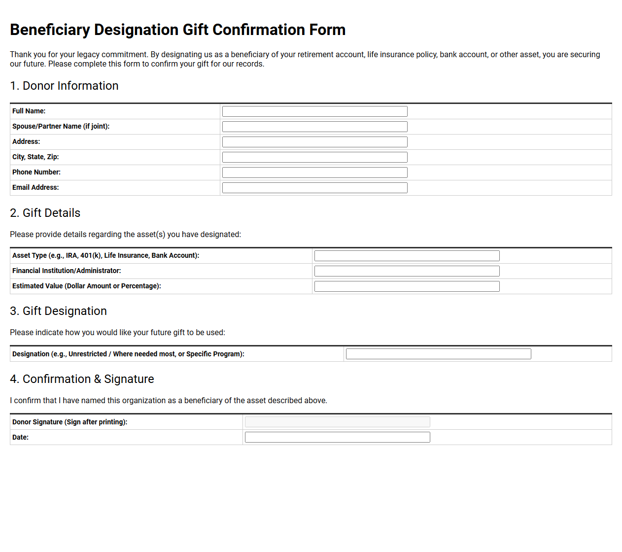 Beneficiary Designation Gift Confirmation Form