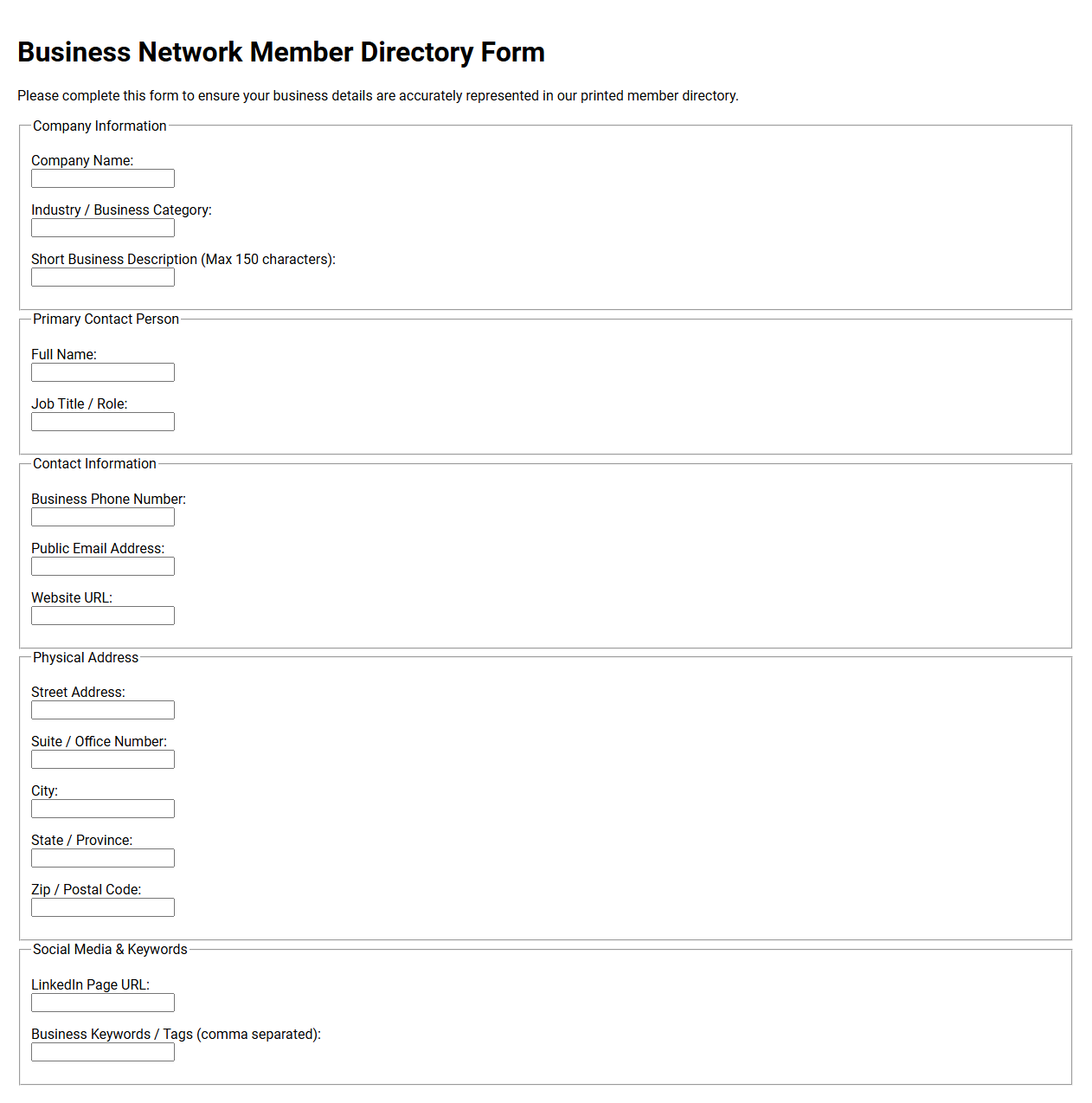 Business Network Member Directory Form