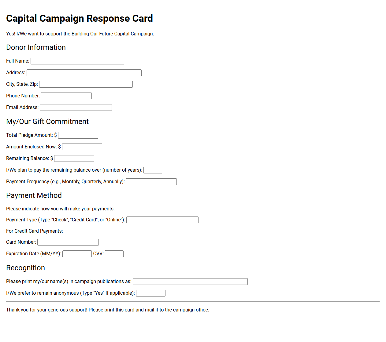 Capital Campaign Direct Mail Response Card