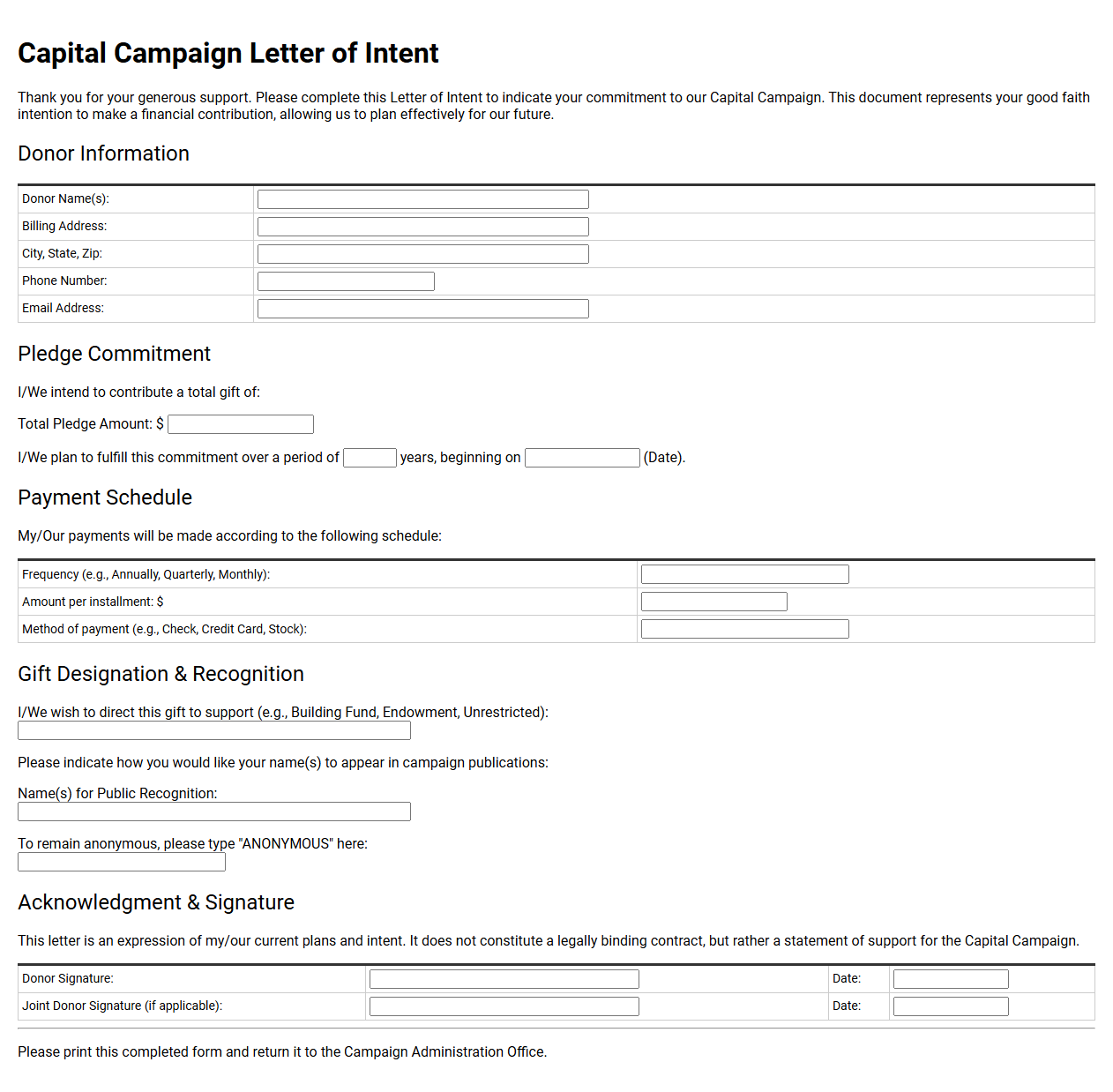 Capital Campaign Letter of Intent Template