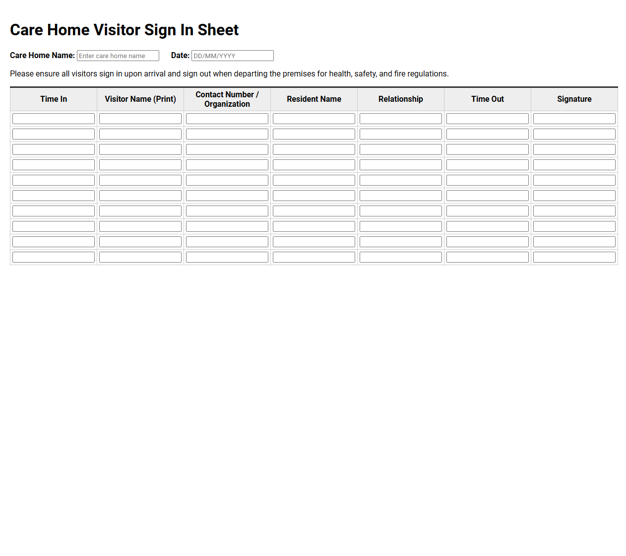 Care Home Visitor Sign In Sheet
