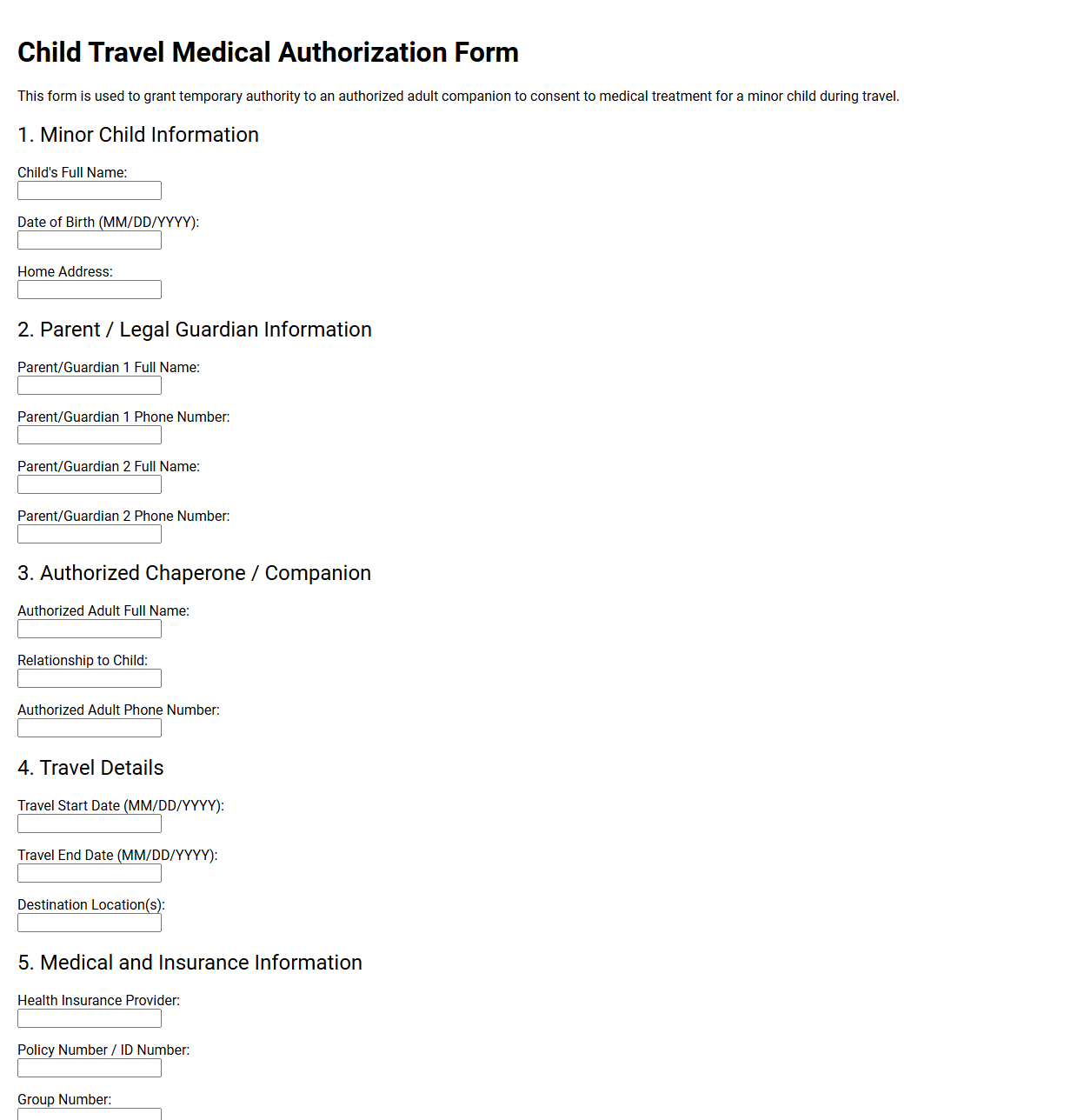 Child Travel Medical Authorization Form