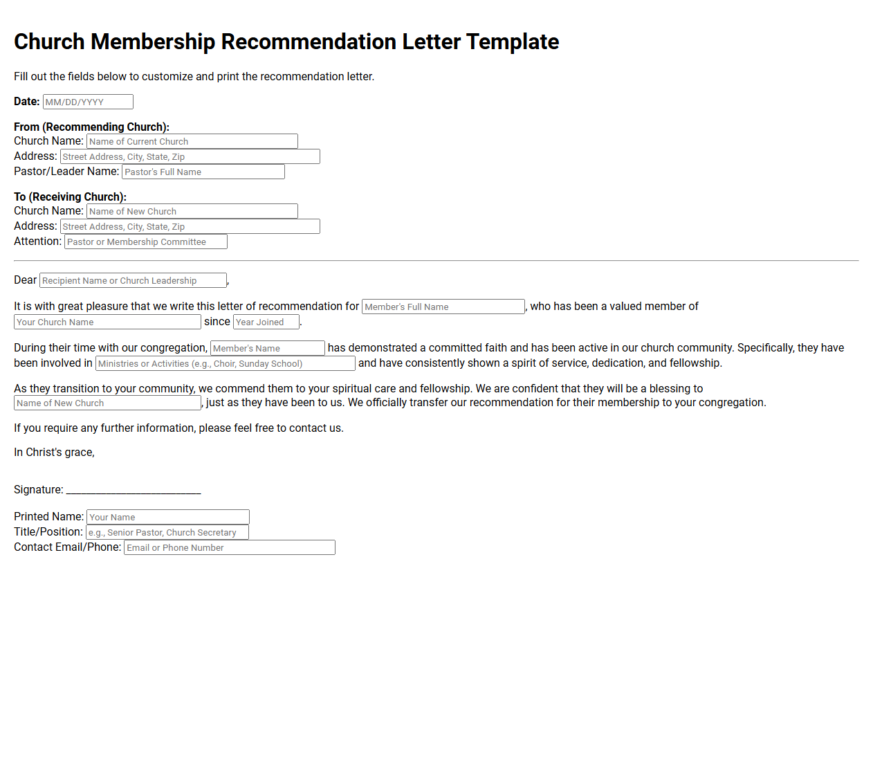 Church Membership Recommendation Letter Template