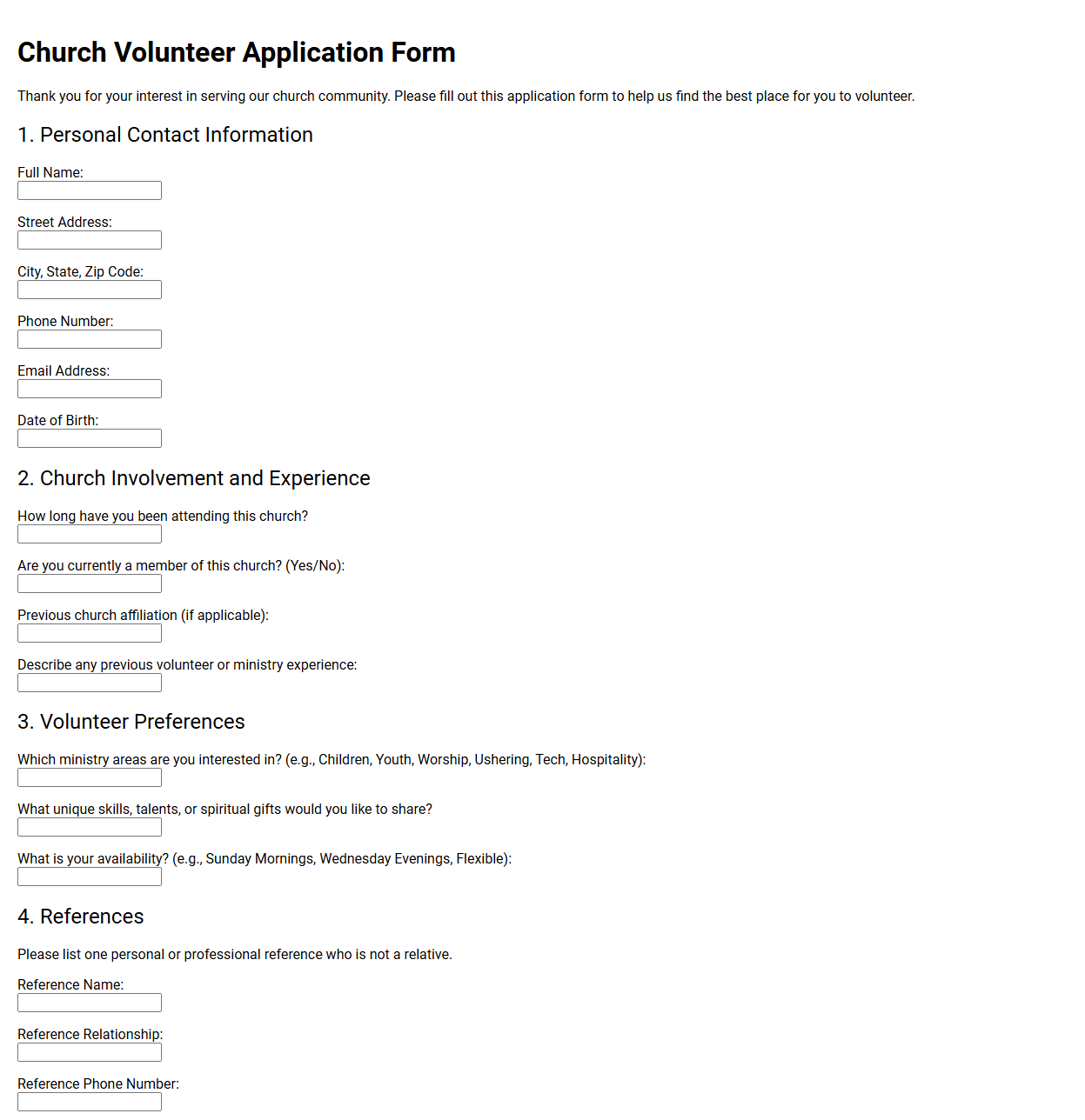 Church Volunteer Application Form Template