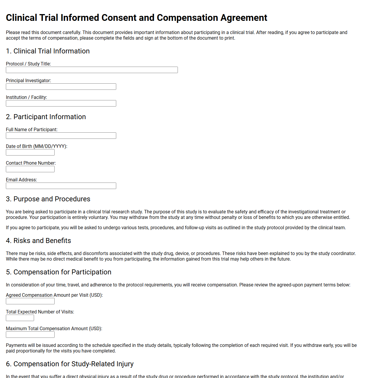 Clinical Trial Informed Consent and Compensation Agreement