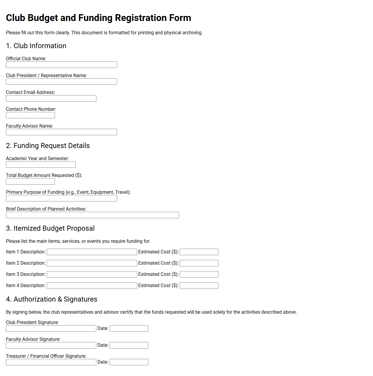 Club Budget and Funding Registration Form