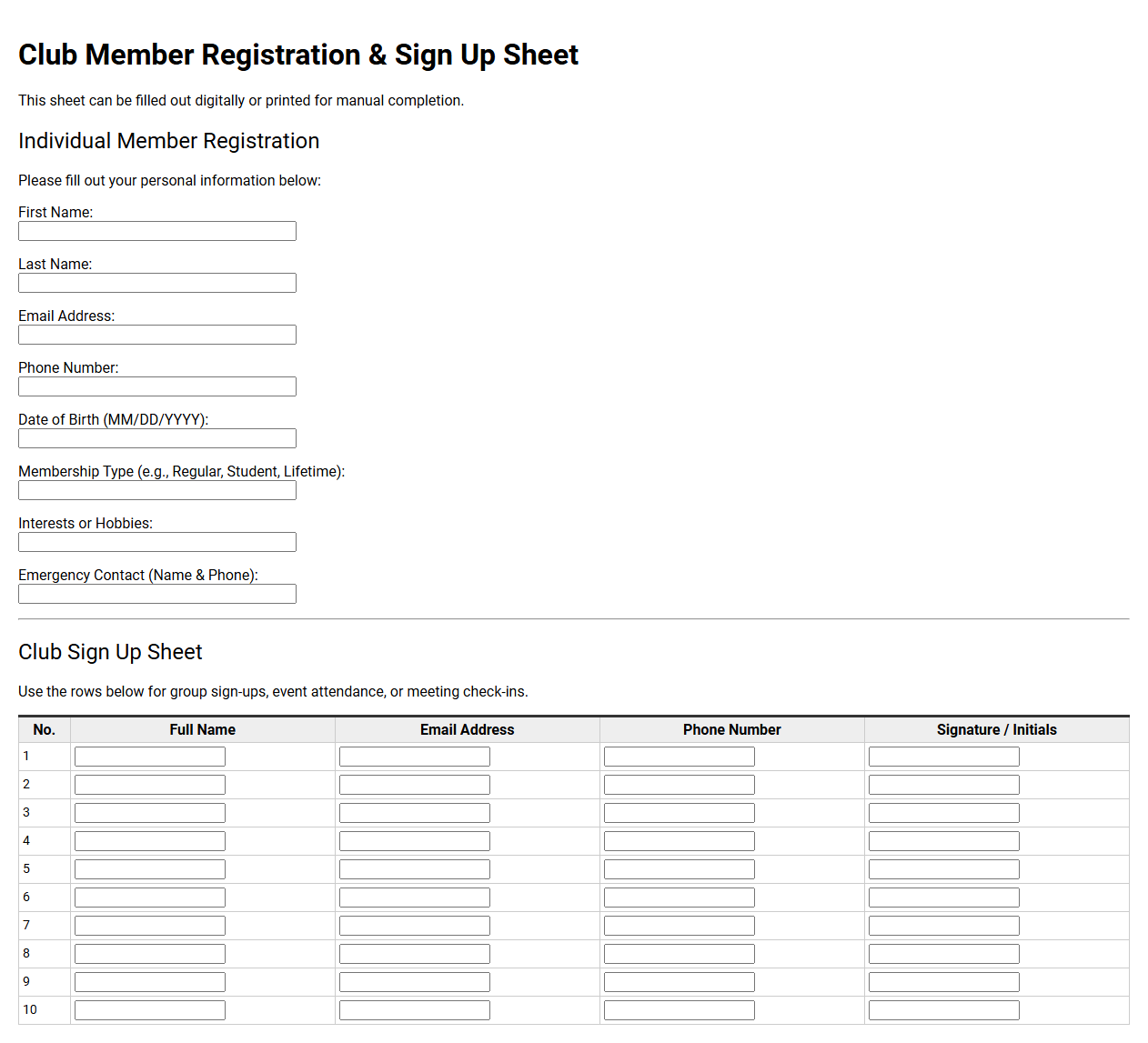 Club Member Registration and Sign Up Sheet