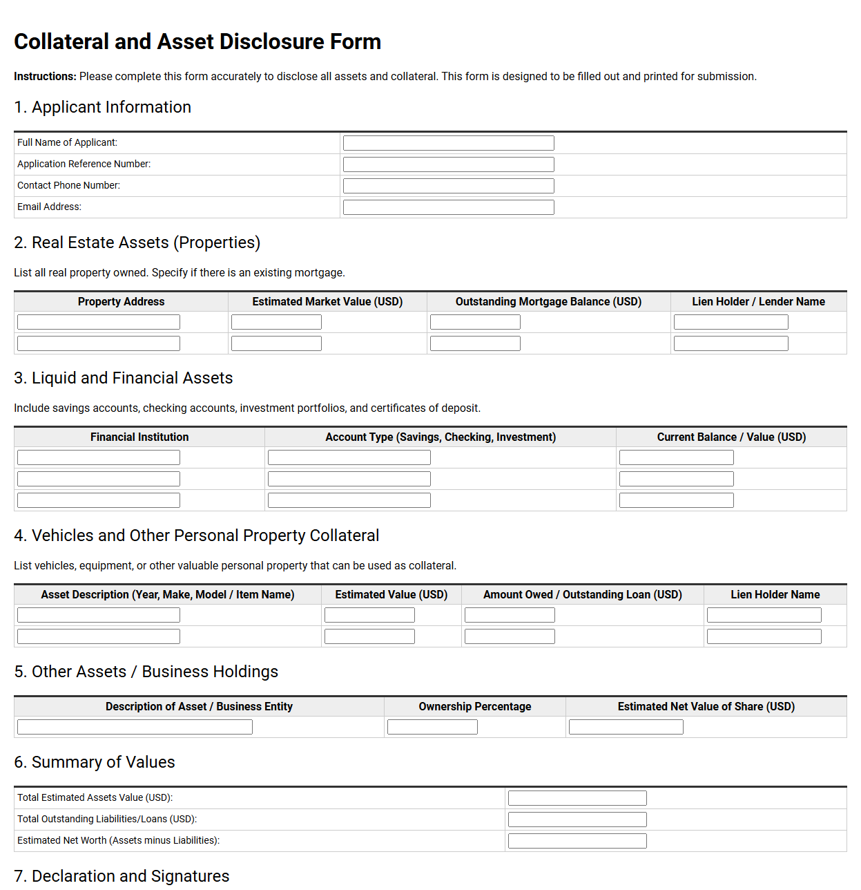 Collateral and Asset Disclosure Form for Applicants