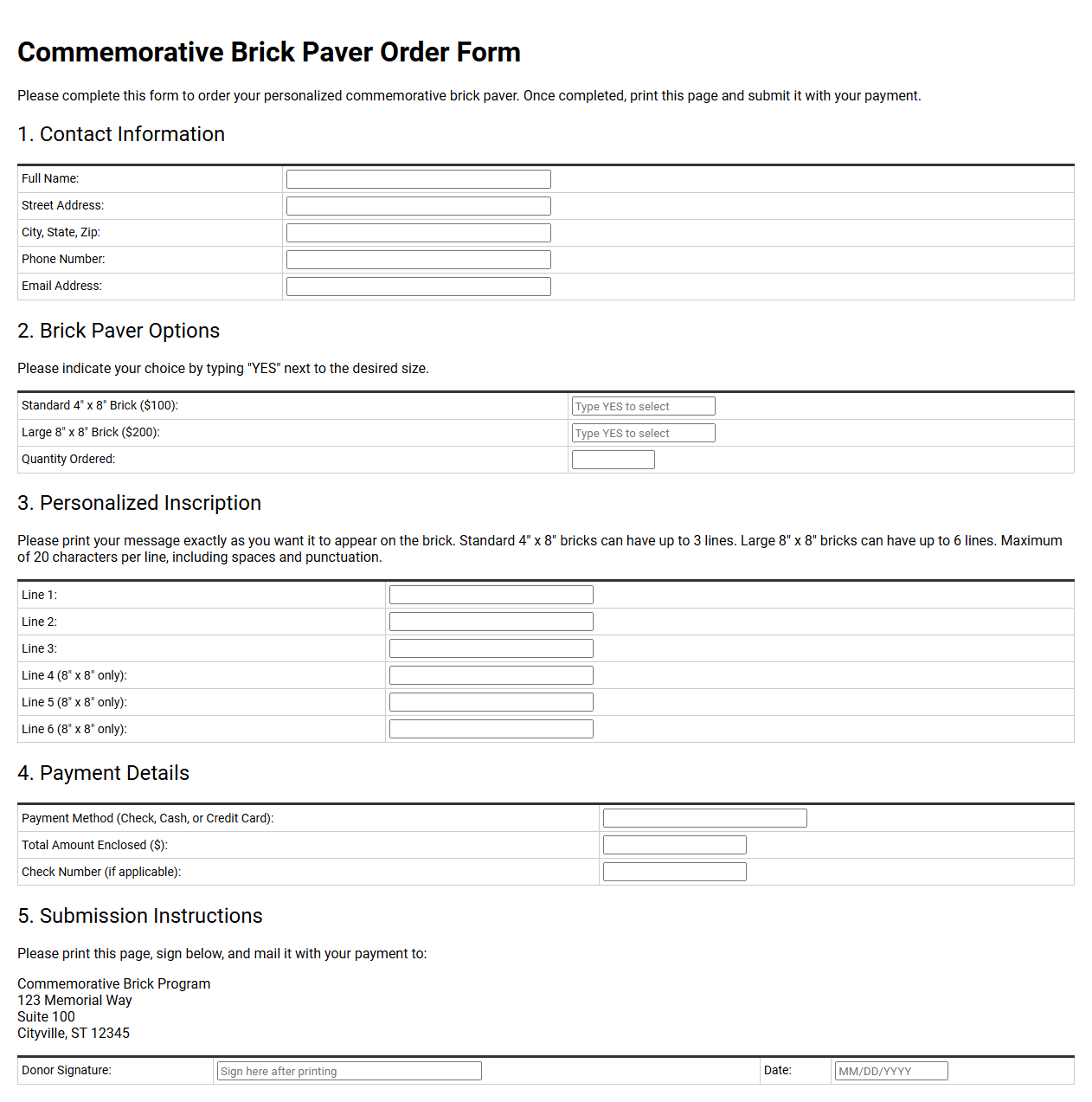 Commemorative Brick Paver Order Form