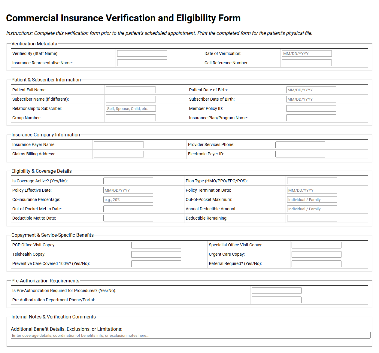Commercial Insurance Verification and Eligibility Form