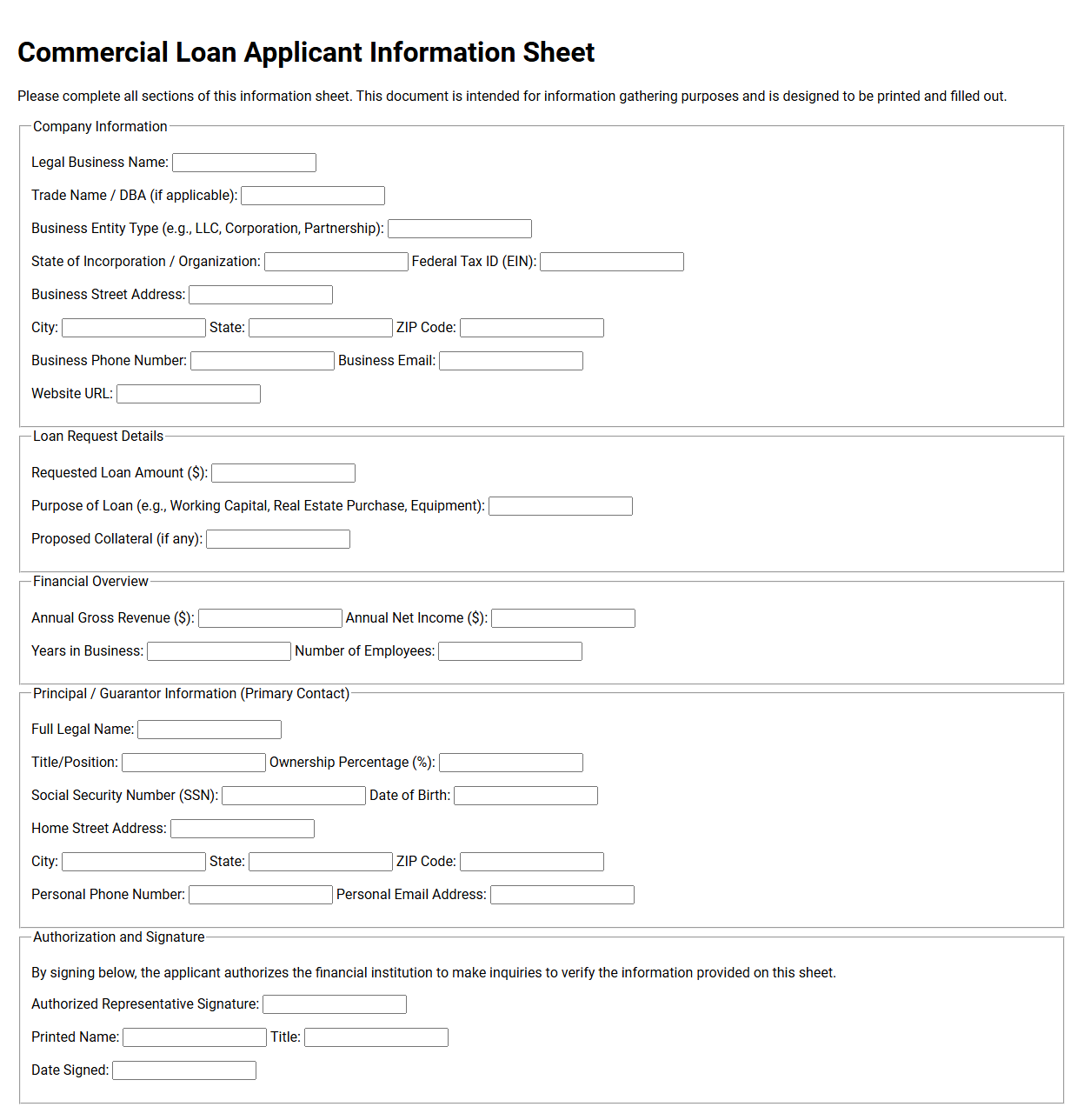 Commercial Loan Applicant Information Sheet