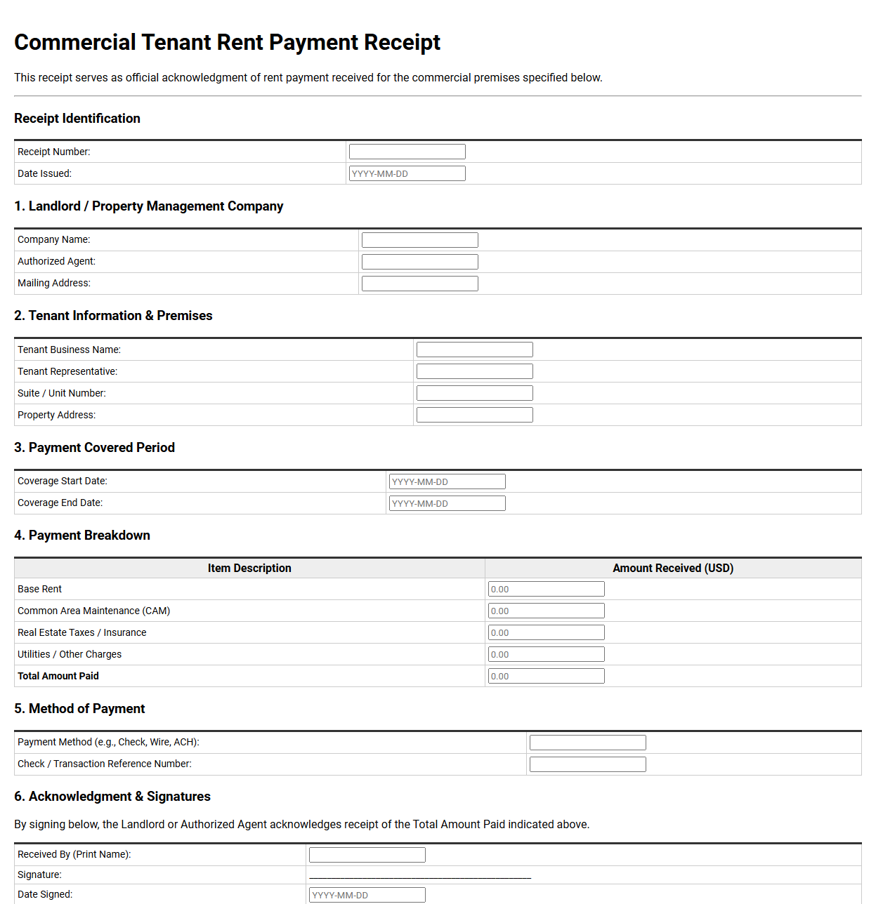 Commercial Tenant Rent Payment Receipt