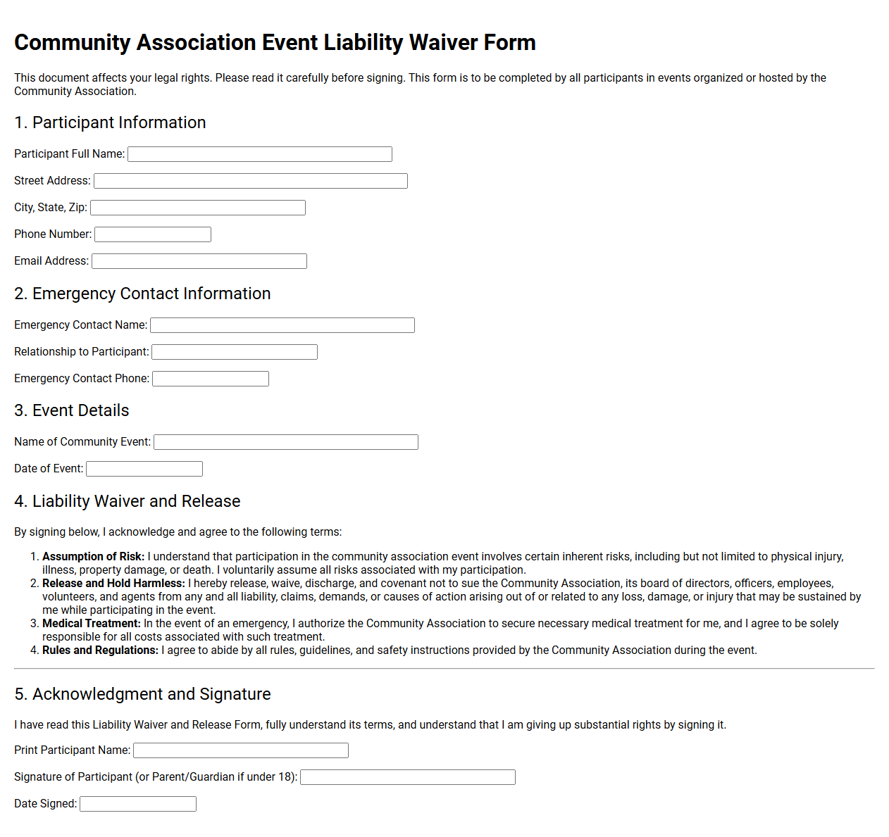 Community Association Event Liability Waiver Form