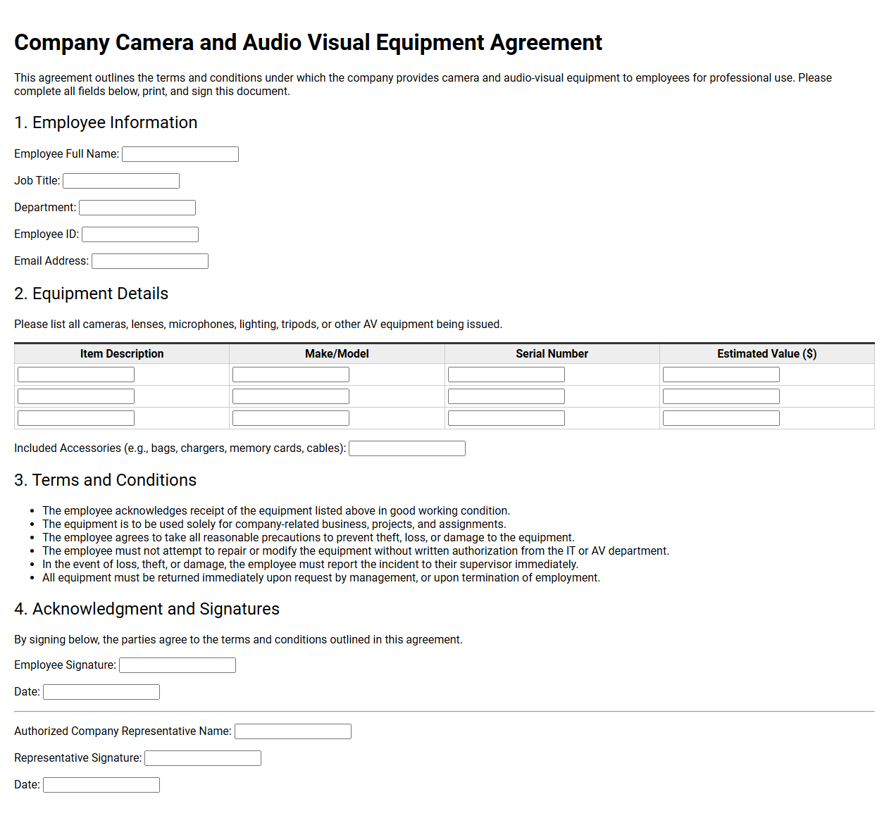 Company Camera and Audio Visual Equipment Agreement