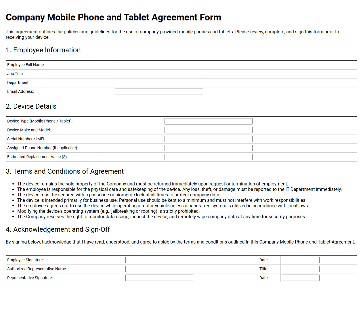 Company Mobile Phone and Tablet Agreement Form