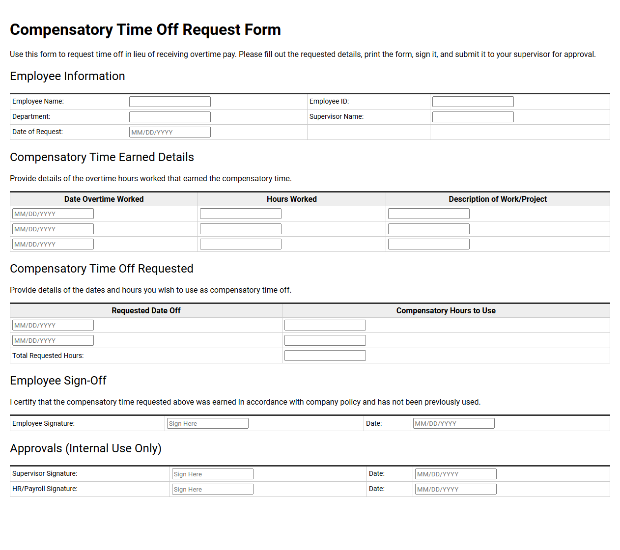 Compensatory Time Off Request Form Template