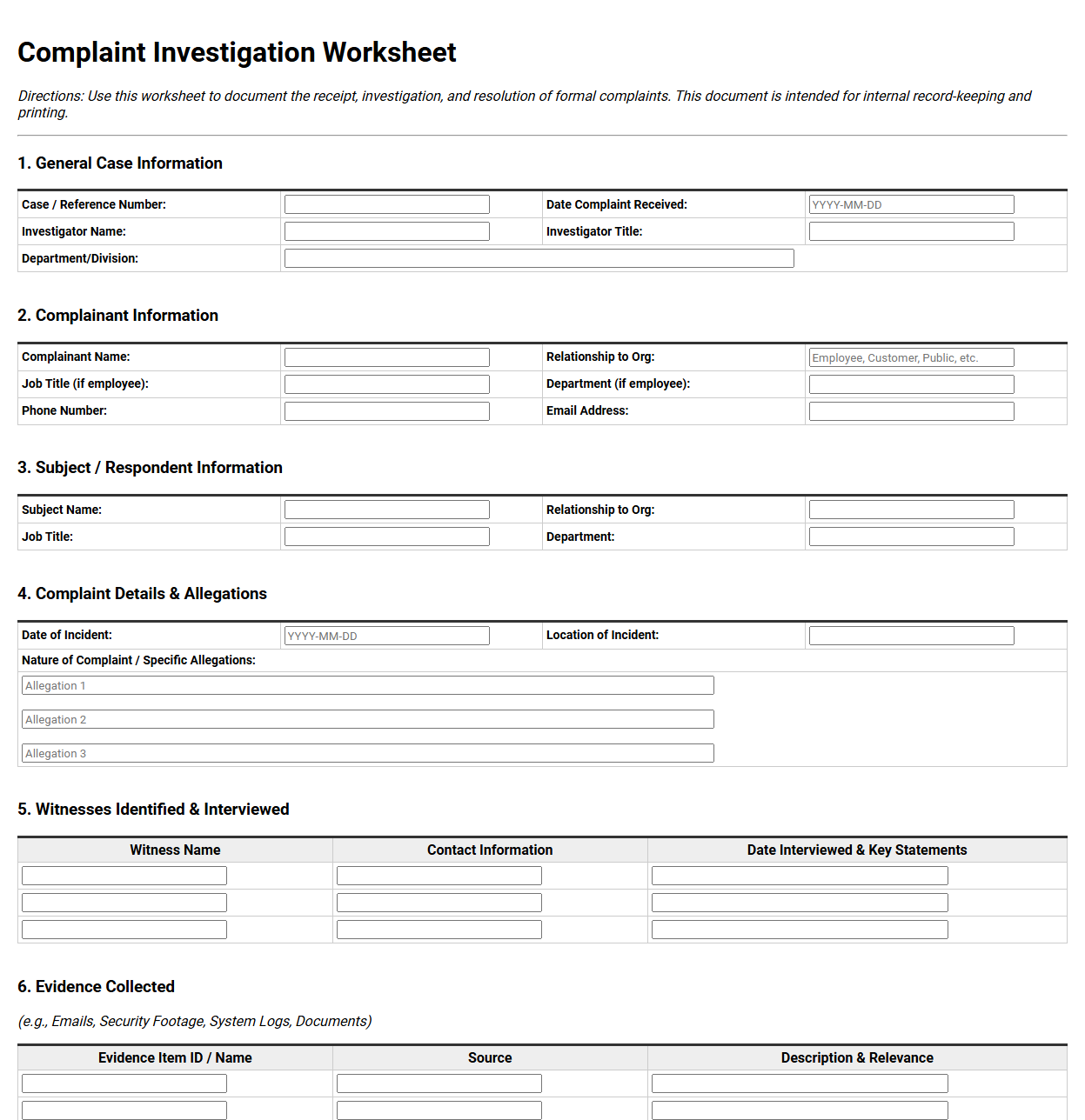 Complaint Investigation Worksheet Template