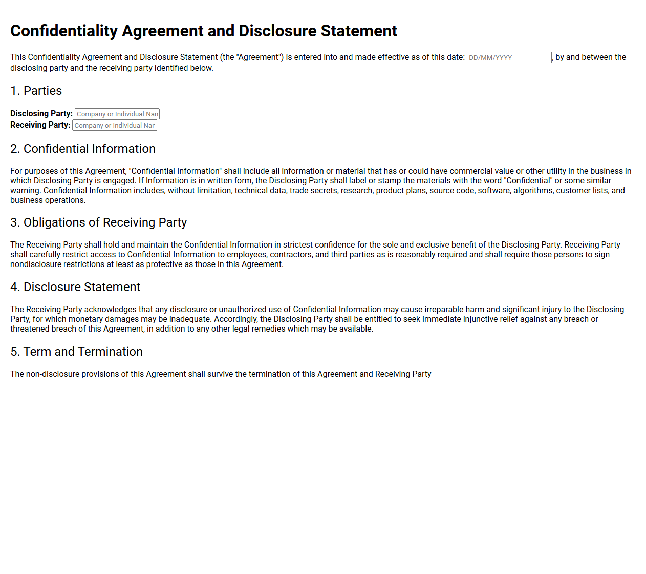 Confidentiality Agreement and Disclosure Statement