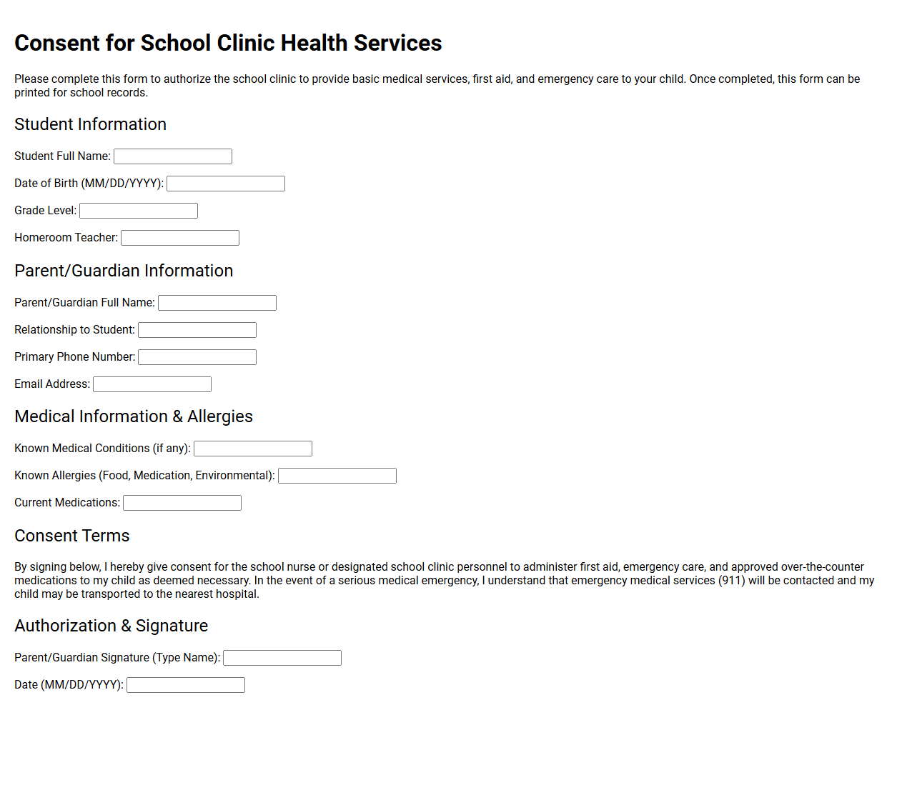 Consent for School Clinic Health Services