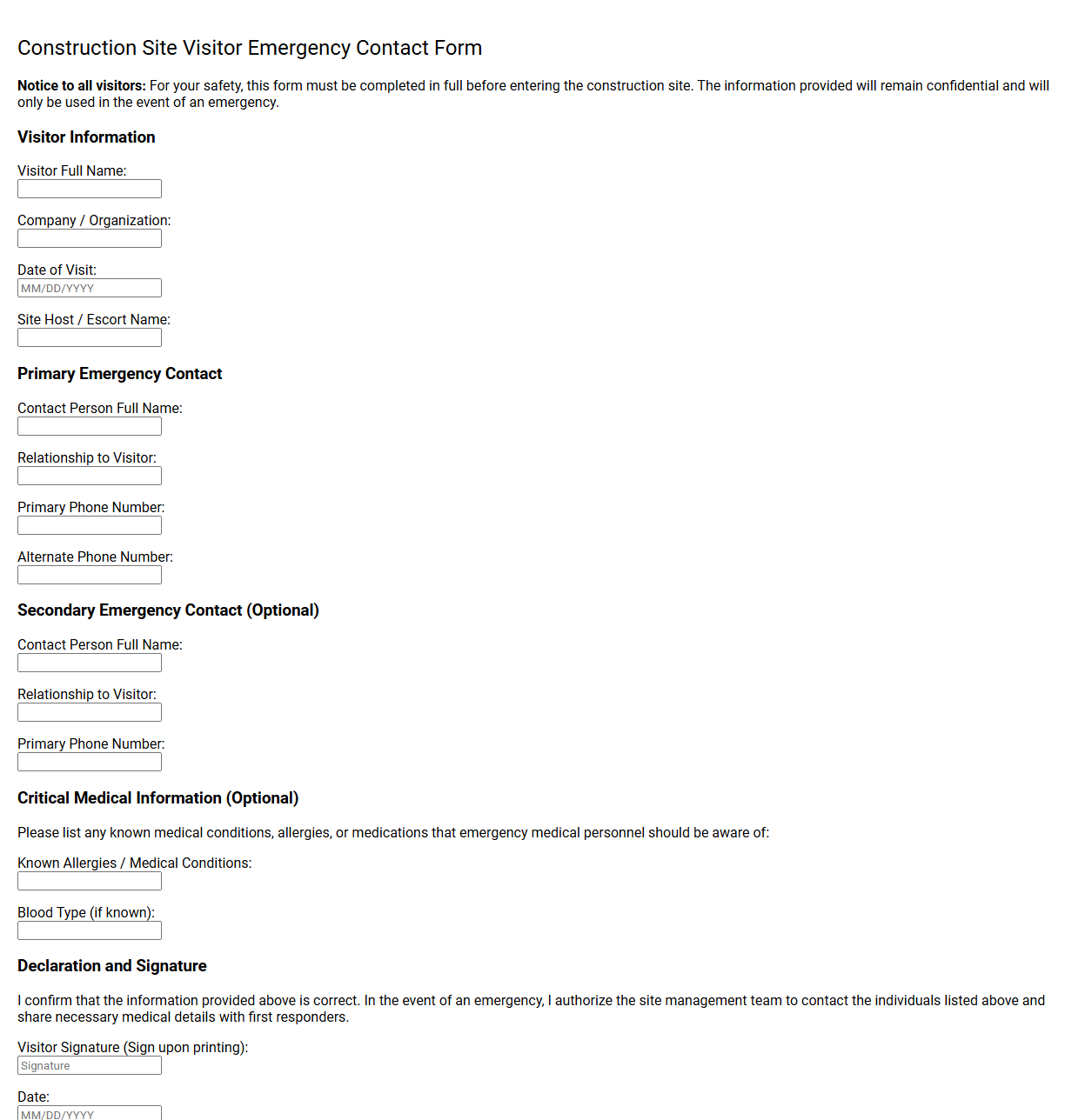 Construction Site Visitor Emergency Contact Form