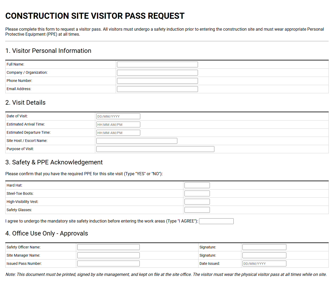 Construction Site Visitor Pass Request Template
