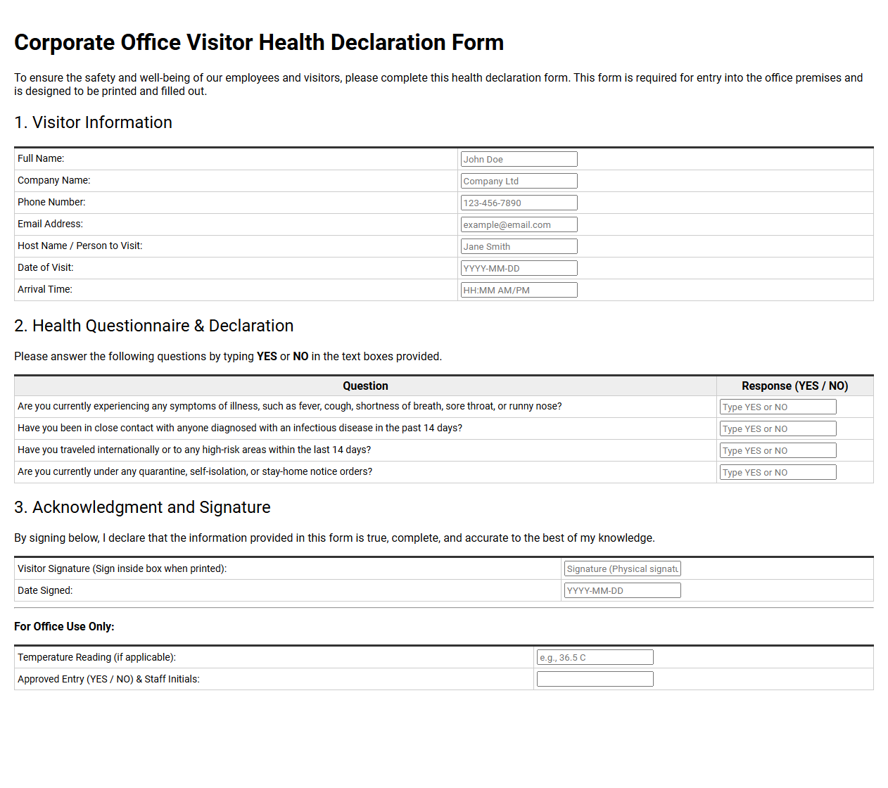 Corporate Office Visitor Health Declaration Form
