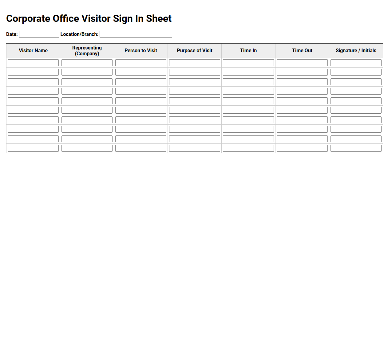 Corporate Office Visitor Sign In Sheet