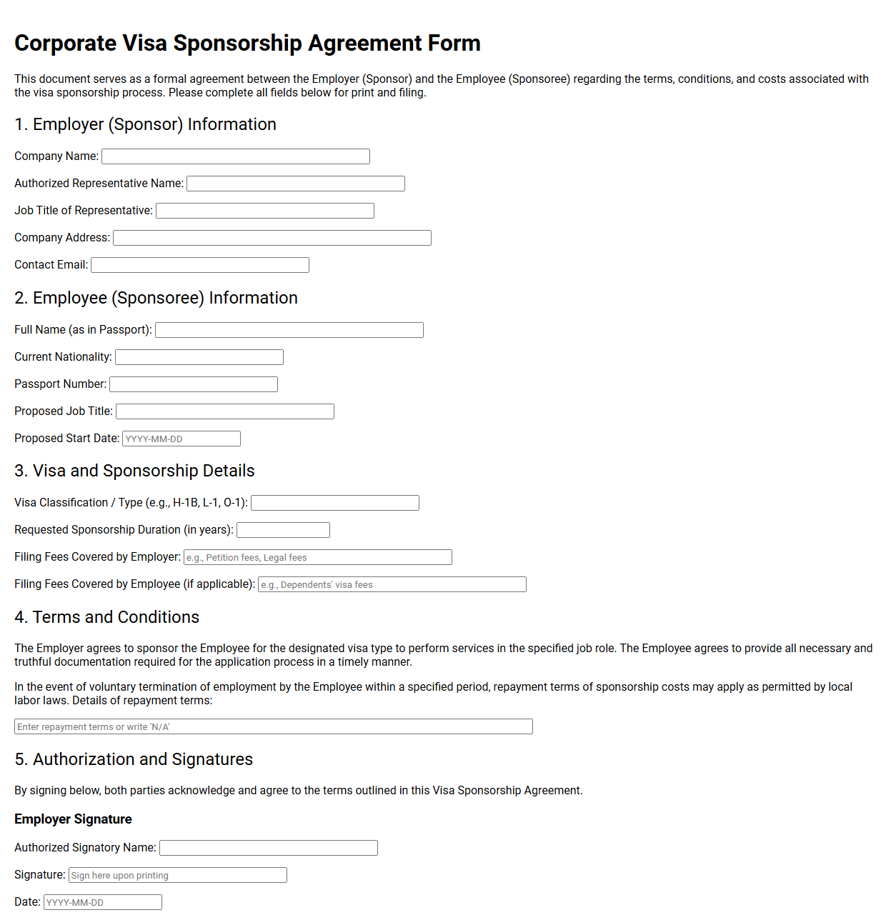 Corporate Visa Sponsorship Agreement Form