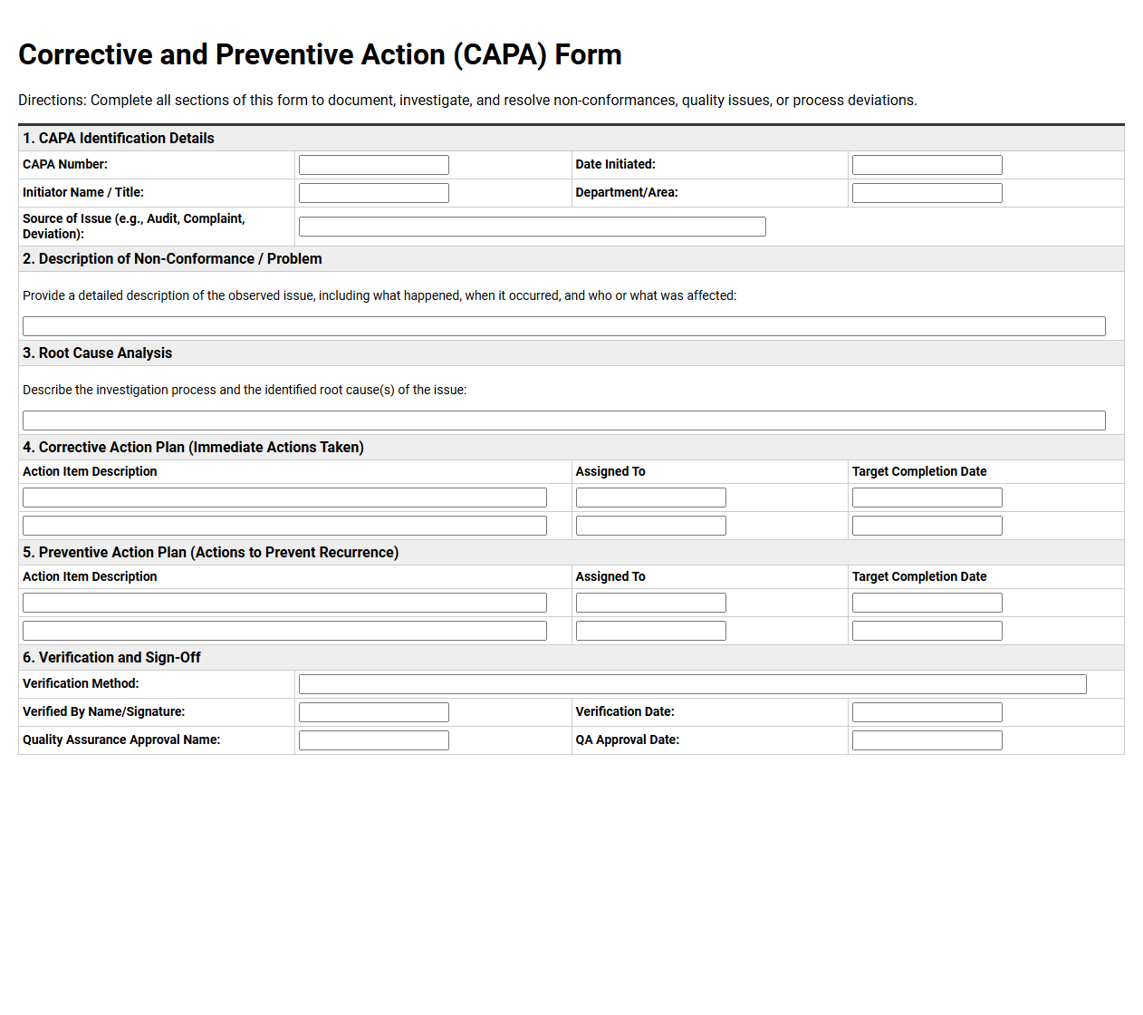 Corrective and Preventive Action Form