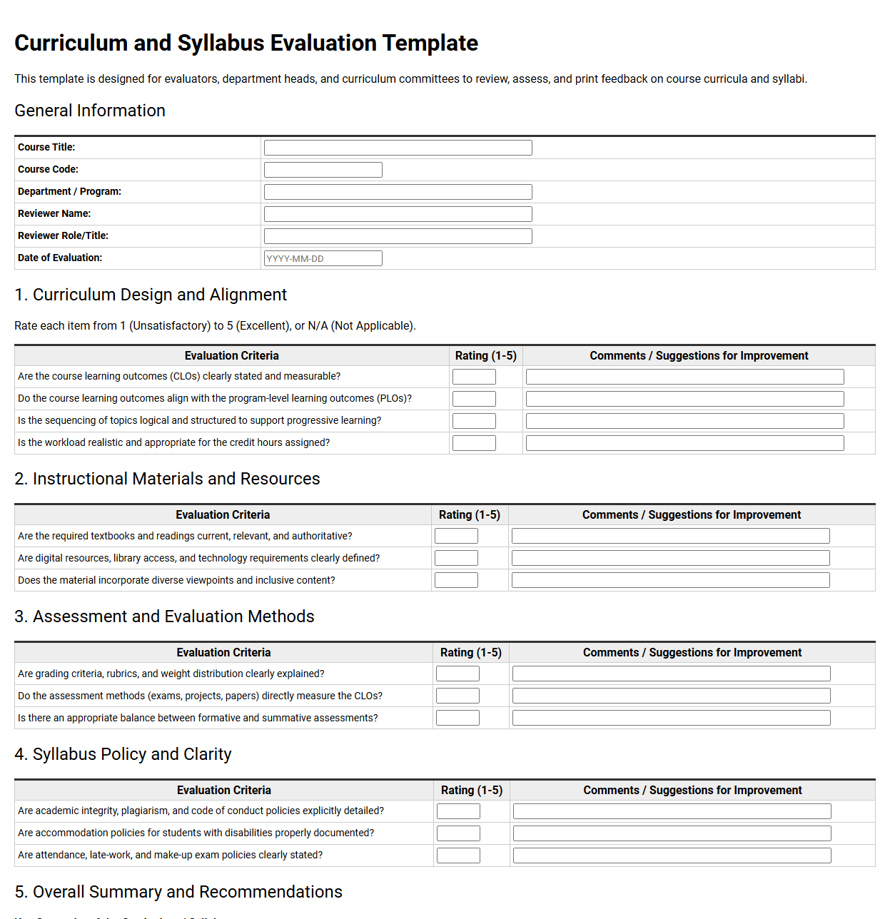 Curriculum and Syllabus Evaluation Template