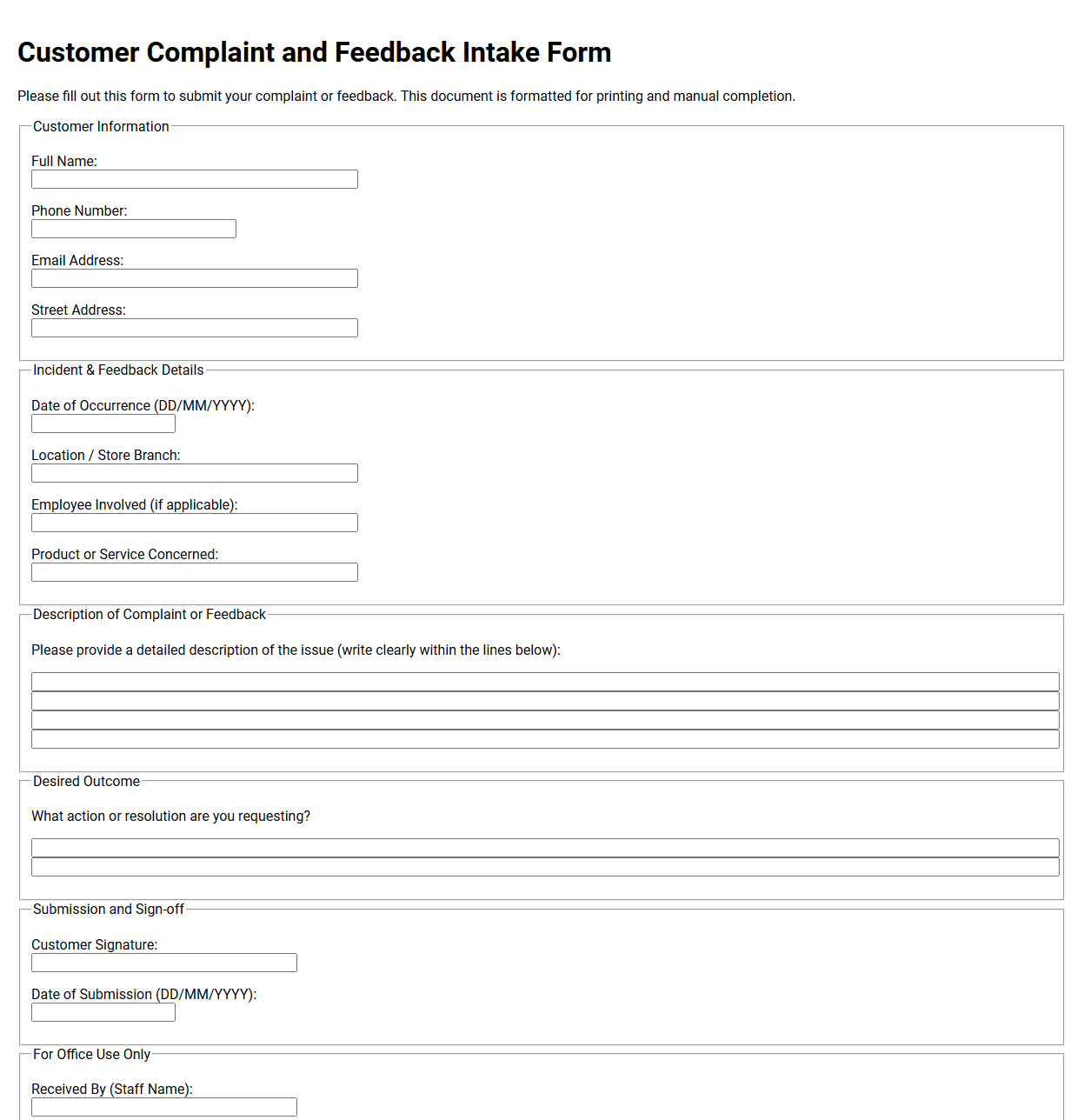 Customer Complaint and Feedback Intake Form